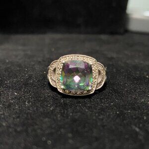 Ring Size 6 Mystic Topaz 5 Carats 10mm x 10mm 30 CZ 1mm x 1mm Sterling Silver St